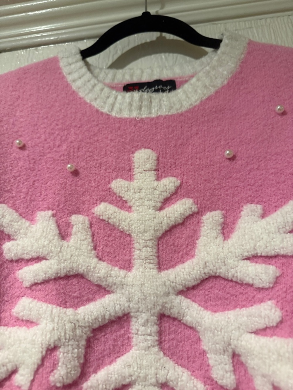 32 Degrees Pink Crewneck Sweater with White Snowflake and Pearl Accents - Picture 2 of 3